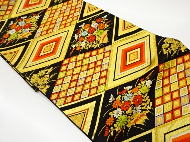JAPANESE KIMONO / VINTAGE FUKURO OBI / WOVEN RHOMBUS & AUTUMN FLOWERS